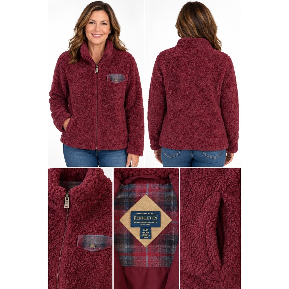 Pendleton Maroon Fleece Jacket with Plaid Lining Sz M,